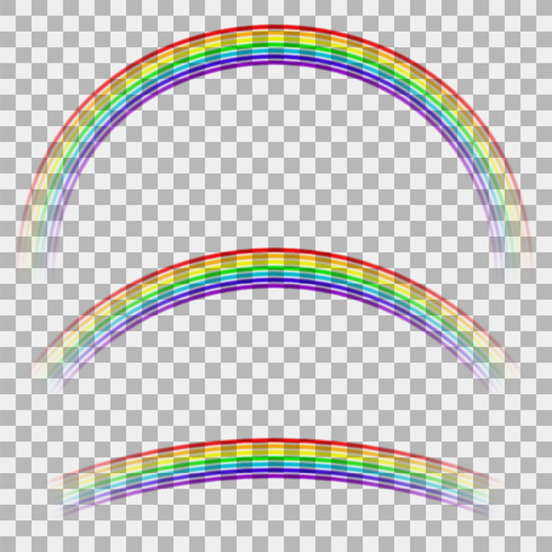 gebogener bunter Regenbogen auf kariertem Hintergrund. Transparentes Wettersymbol. Spektrum farbige Muster. realistische verschwommene Steigungen - Foto, Bild