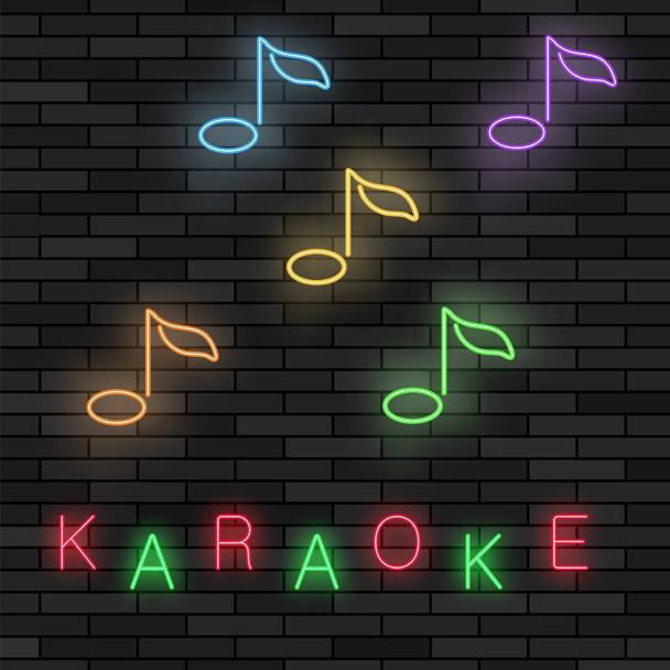 Karaoké lumineux sur fond de brique murale. Logo musical avec notes. Icône de ligne colorée. Panneau Panneau de Musique Bar
 - Photo, image