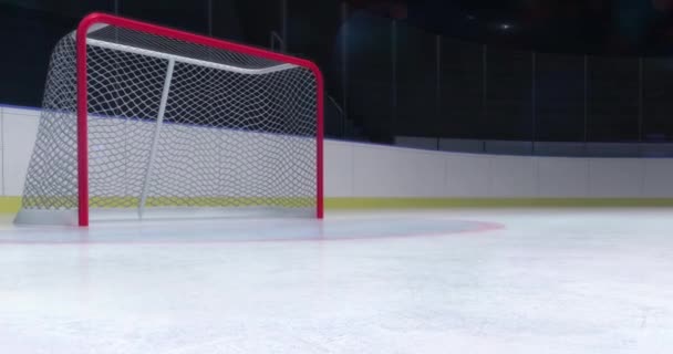 goal gate with hockey stick revelation zoom in and camera flash behind, ice hockey stadium indoor 4k footage advertisement background with white end - Footage, Video