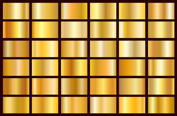 Realistische goud verlopende textuur pack. Glanzende gouden bladmetaal kleurovergang instellen. Vectorillustratie - Vector, afbeelding