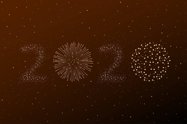 Πυροτέχνημα 2020 νέο έτος έννοια στο golden νύχτα φόντο του ουρανού. Χριστουγεννιάτικη κάρτα. Συγχαρητήρια ή πρόσκληση φόντο. Εικονογράφηση διάνυσμα - Διάνυσμα, εικόνα