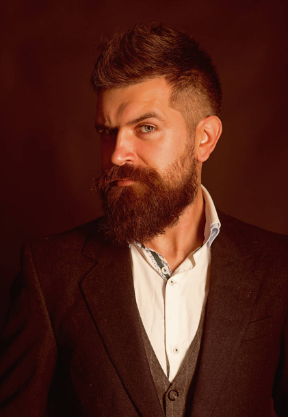 The best hipster beard style ever. Fashion model with long beard hair. Bearded man with stylish haircut. Man of fashion. Bring your hair style to the next level - Zdjęcie, obraz