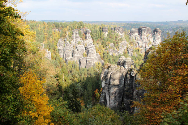 Kijk op de rotsen en het bos in het park van dresden sachsen dat Germany gefotografeerd in multi gekleurde op een sightseeing tour in het najaar - Foto, afbeelding
