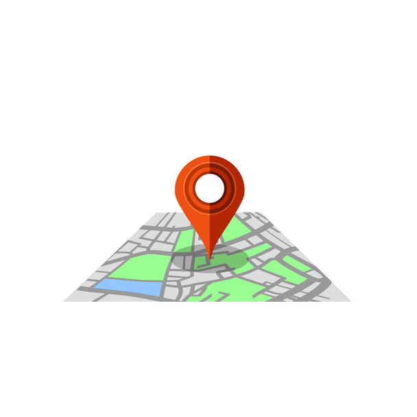 ペーパーロードマップとレッドマーカーポインタ。GPSナビゲーターの位置アイコン. - 写真・画像