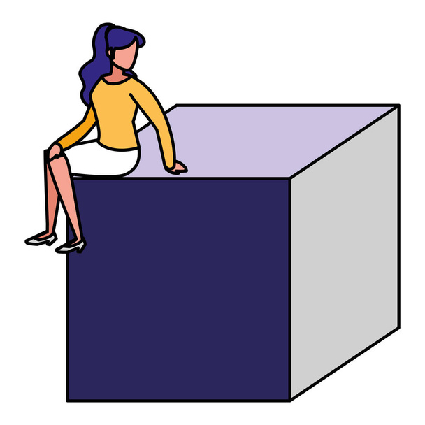 Nuori nainen istuu kuutiossa
 - Vektori, kuva