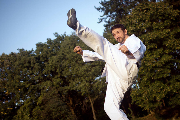 Каратист в белом кимоно пинает высоко и практикует боевые искусства на природе.
. - Фото, изображение