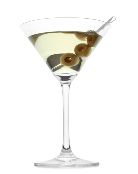 Glass of olive martini on white background - Photo, Image