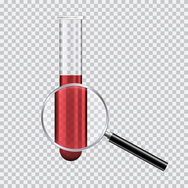 Реалистичная иллюстрация пробирки с красной кровью и лупой. Химический анализ - вектор
 - Вектор,изображение