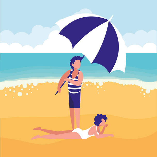 couple avec vêtements de plage et parasol
 - Vecteur, image