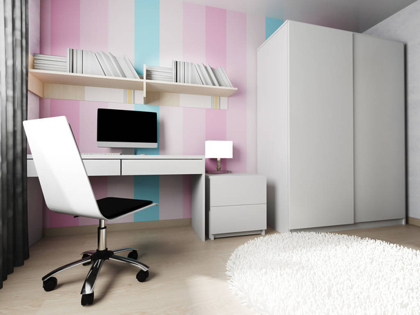 σύγχρονο χώρο εργασίας στο σπίτι εσωτερικό, 3d rendering - Φωτογραφία, εικόνα