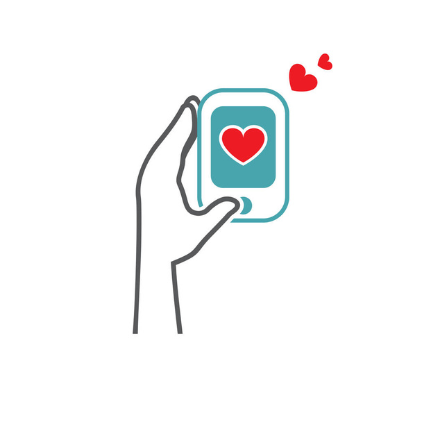 Vector illustration a male hand the mobile phone, heart on the screen and two hearts behind. Set of vector symbols. Great mutual love. Happy family life after the wedding. Flat design Monochrome - Vector, Image
