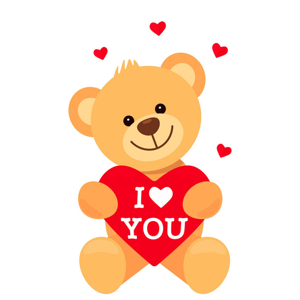 Komik karakter Teddy tutan onun paws büyük bir kalp kelimeleri ile seni seviyorum. Valentine's Day, Sevgililer günü düğün, kavramı. düz vektör illüstrasyon izole beyaz arka plan üzerinde - Vektör, Görsel