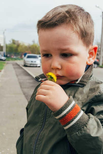 sad boy sniffs dandelion, spring.children's psychological trauma. unhappy child - Foto, imagen
