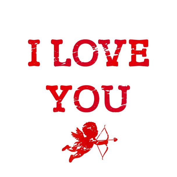 Worn red lettering I love you with cupid, bow and arrow in grunge and vintage style. Greeting card for Valentine's day, wedding, engagement. flat vector illustration isolated on white background - Vector illustration - Vector, Image