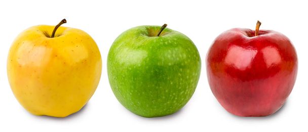 Trois pommes vert, jaune et rouge sur un blanc, isolé
. - Photo, image