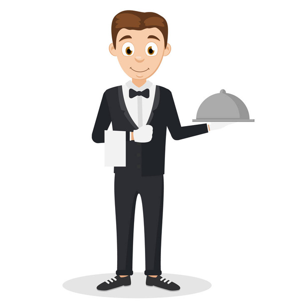 The waiter man in a suit holding a tray on a white. - Vector, Image