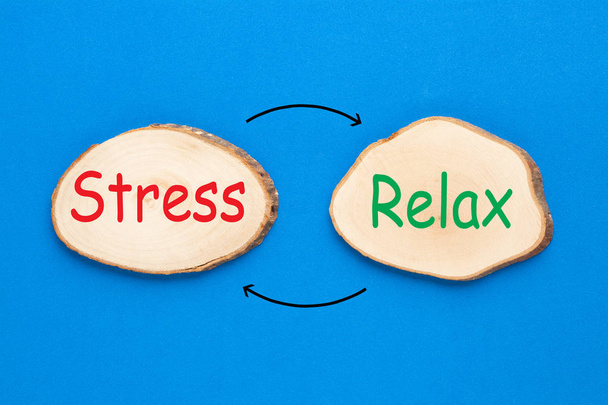 Два дерев'яні еліпси з текстом "Відпочинок і стрес" на синьому фоні. Концепція бізнесу
 - Фото, зображення