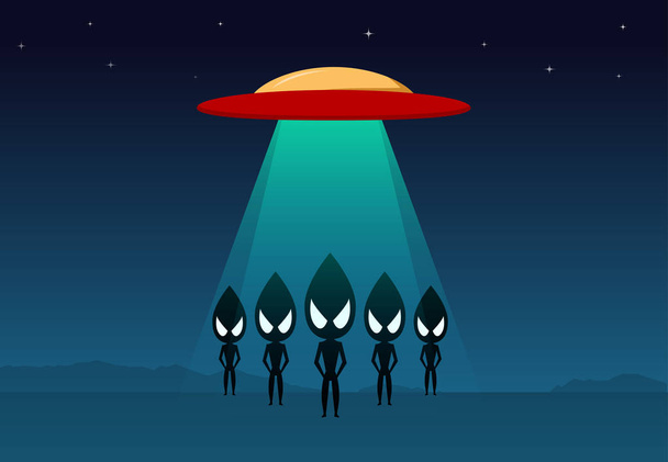 Group of alien arrived on earth by UFO, vector art design - Vector, Image