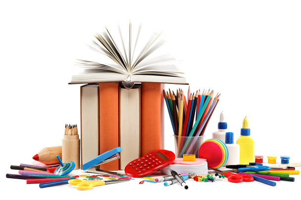 School and office supplies on white background. Back to school. - Fotó, kép