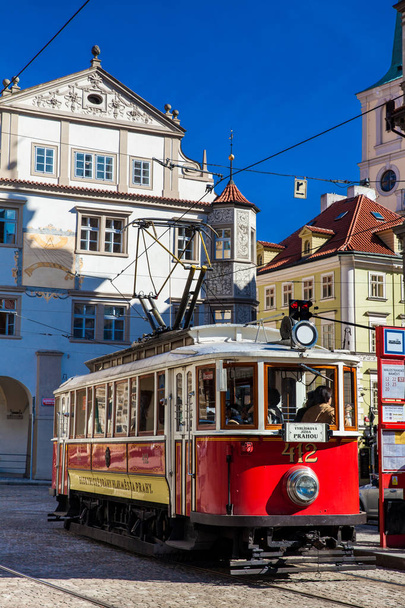 PRAGUE, CZECH REPUBLIC - APRIL, 2018: Historic tram of Prague at the Lower Square - 写真・画像