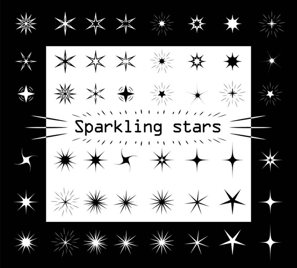 The stars sparkle on a white and black isolated background. Different shapes and kinds for your design. Asterisks silhouette, flat style. Vector illustration. - Vector, Image
