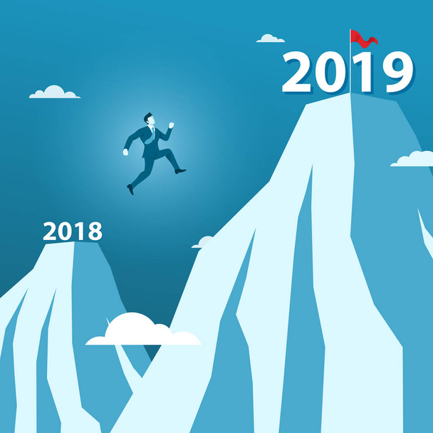 Biznesmen skok między 2018 r. i 2019 roku na szczycie góry, przez duże luki Hill, pojęcie szczęśliwy nowy rok 2019 lub cel 2019. - Wektor, obraz
