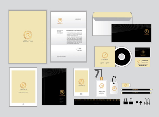gold and black corporate identity template for your business includes CD Cover, Business Card, folder, ruler, Envelope and Letter Head Designs set 2 - Vector, Image
