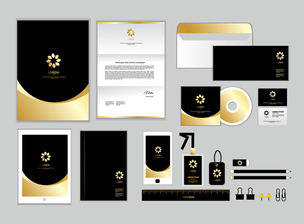 La plantilla de identidad corporativa de oro para su negocio incluye cubierta de CD, tarjeta de visita, carpeta, regla, sobre y conjunto de diseños de cabeza de carta 4
 - Vector, Imagen