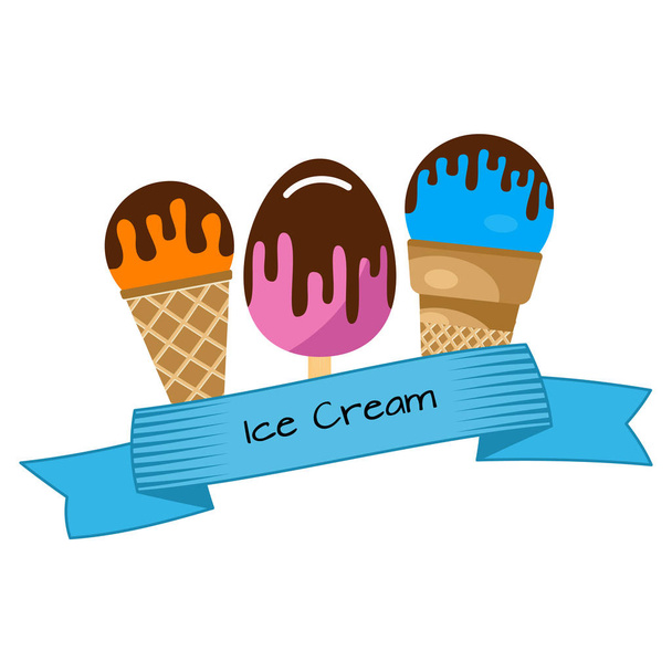 Τρεις διαφορετικές παγωτό τυλιγμένα σε μπλε κορδέλα - Διάνυσμα, εικόνα
