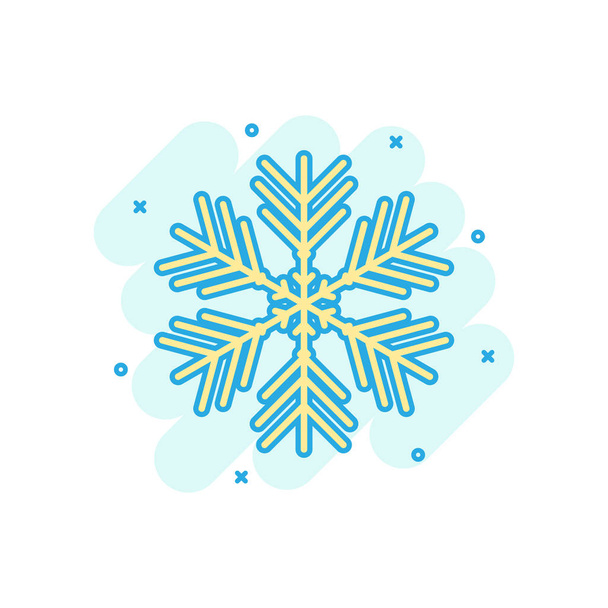 Snowflake icon in comic style. Snow flake winter vector cartoon illustration pictogram. Christmas snowfall ornament business concept splash effect. - Vector, Image