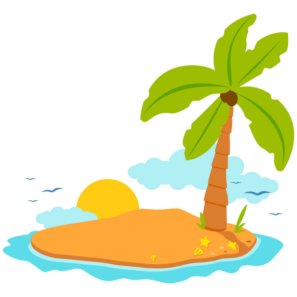 Пустынный остров с кокосовой пальмой, солнцем и морскими раковинами
. - Вектор,изображение