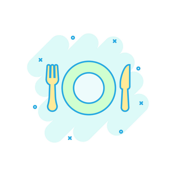 Fork and knife restaurant icon in comic style. Dinner equipment vector cartoon illustration pictogram. Restaurant business concept splash effect. - Vector, Image