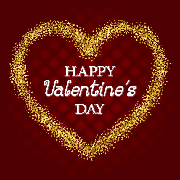 Happy Valentines Day congratulation with golden glittering frame in heart shape on beautiful red background. Holiday greeting card template. - Vector, Image