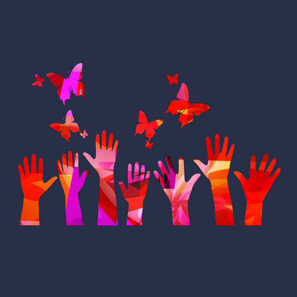 Ilustracja wektorowa kolorowe wielu ludzkich rąk z motylami - Wektor, obraz