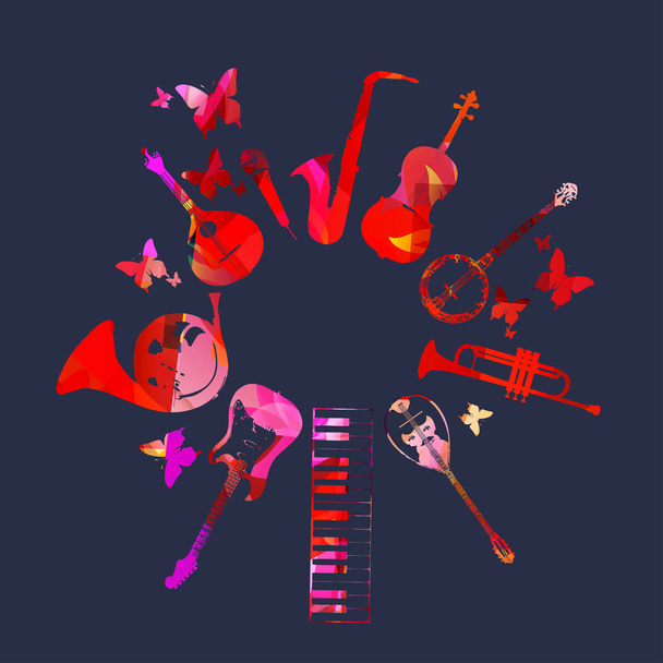 Music colorful background with music instruments, microphone and butterflies vector illustration design - Vector, Image