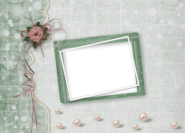 Beautiful roses with bows, ribbons and pearls on abstract paper background for festive invitation or greeting - 写真・画像