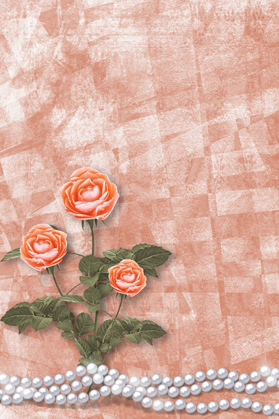Holiday card with pearls and bouquet of beautiful  roses on peach paper background, for congratulation or invitation - Zdjęcie, obraz