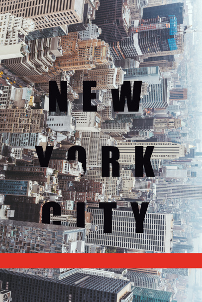 aerial view of architecture with "new york city" lettering and red line, new york, usa - Photo, Image