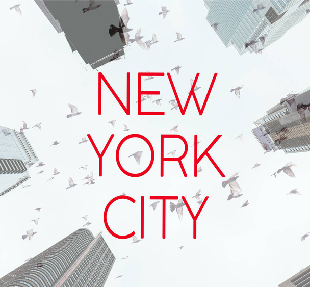 bottom view of skyscrapers and birds in sky with red "new york city" lettering, usa - Foto, Imagem