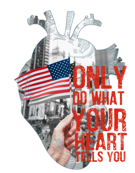 gedeeltelijke weergave van man die Amerikaanse vlag op new york city street in hart frame met "alleen doen wat je hart je zegt" belettering geïsoleerd op wit - Foto, afbeelding