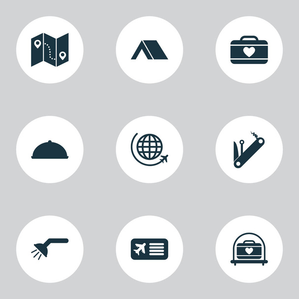 Travel icons set with food, transportation of suitcase, multitool and other luggage cart elements. Isolated  illustration travel icons. - Photo, Image