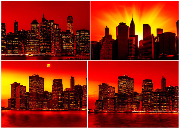 マンハッタン。ニューヨーク市のスカイライン。劇的な暗い赤の色調で 4 枚のセット - 写真・画像