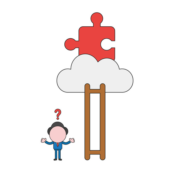 Vector illustration concept of confused businessman character cannot reach missing puzzle piece on cloud with ladder and missing steps. Color and black outlines. - Vector, Image