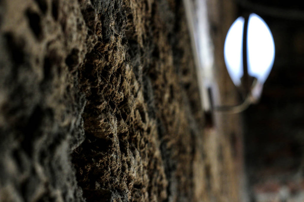 textura. fondo de piedra de concha con una linterna en el fondo. piedra natural
 - Foto, imagen