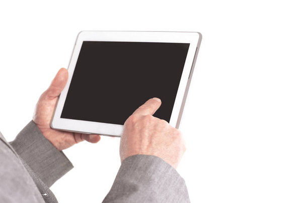 close up.businessman pointing finger at the blank screen tablet. - Foto, Imagem