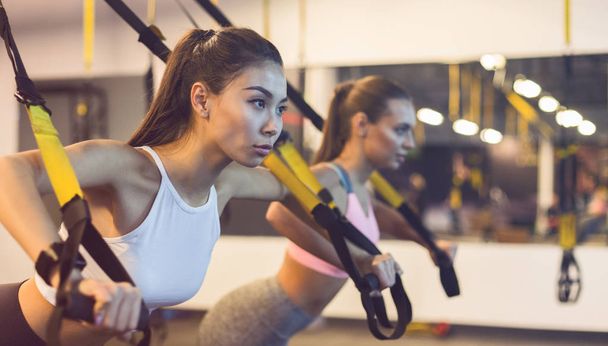 Women training triceps with trx fitness straps - Photo, Image