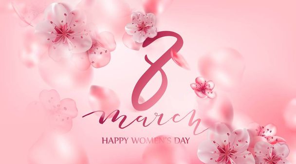 8 march vector illustration with cherry blossom flowers, flying petals. Pink sakura. Happy womens day background. - Vektor, Bild