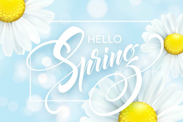 Daisy Flower Background and Hello Spring Lettering. Vector Illustration - Vector, Image