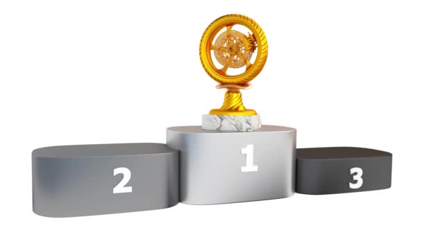 Motorbike Sport Wheel Gold Silver and Bronze Trophies with Marble Bases Appear on Podium with white background - Footage, Video