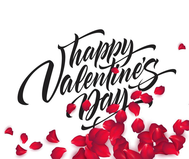 glückliche Valentinstag Handschrift, moderne Kalligraphie, auf Rosenblättern bunten schönen Hintergrund. Vektorillustration - Vektor, Bild